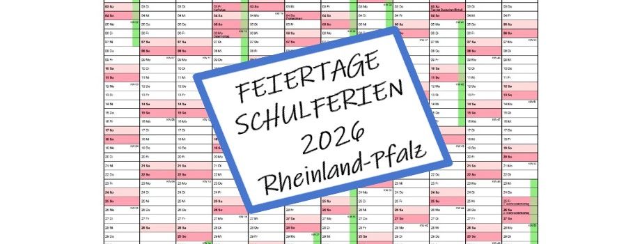 Kalender 2026 mit Feiertagen und Schulferien RLP