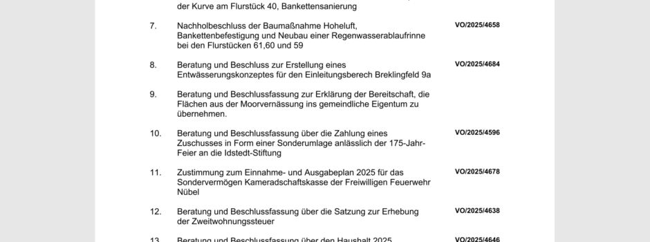 Gemeindevertretung tagt am 19.03.25 im Dörpshuus -19 Uhr