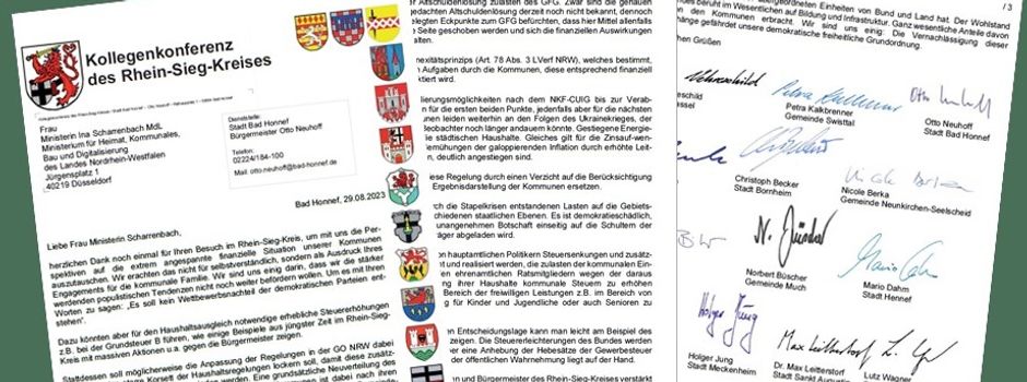 Kommunale Finanzen: die Bürgermeister*innen des Rhein-Sieg-Kreises wenden sich an die Landesregierung