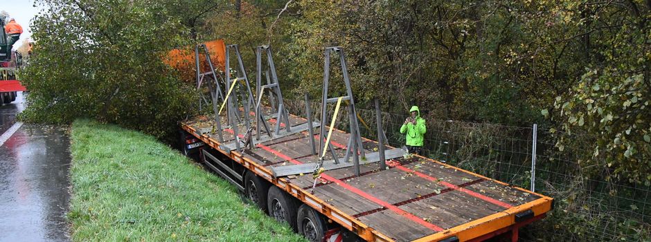 Lkw gerät von der B64 ab, Lastzug fällt Baum - Fahrer verletzt