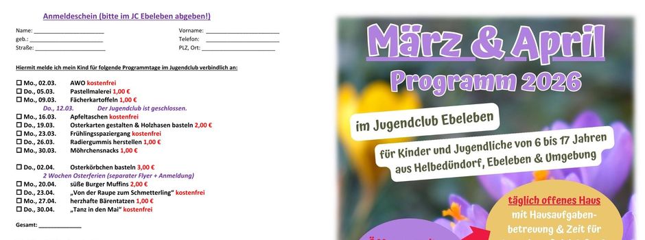 Programm Jugendclub Ebeleben für März/April