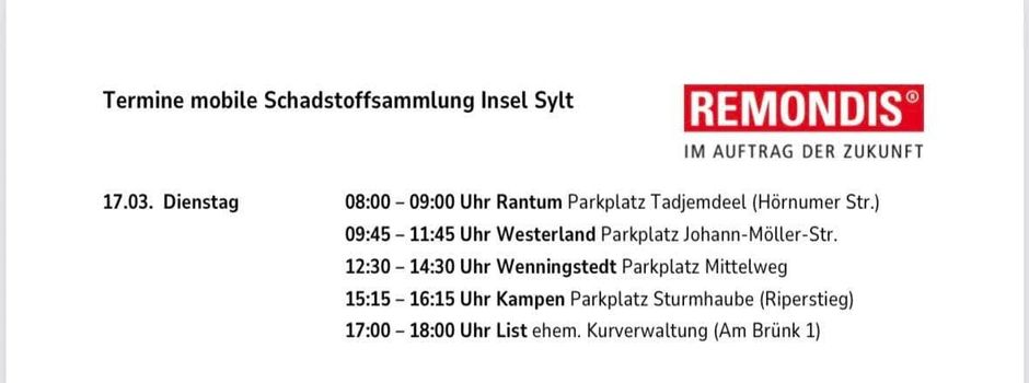 REMONDIS Termine mobile Schadstoffsammlung  Insel Sylt