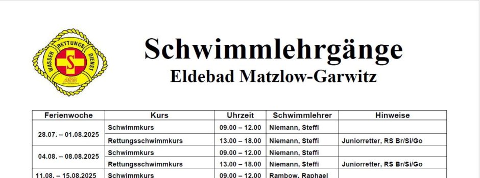 Schwimmlehrgänge im Eldebad Matzlow-Garwitz