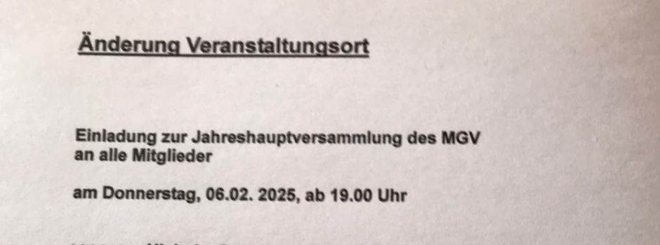 Änderung des Veranstaltungsortes - Jahreshauptversammlung MGV Illschwang am 06.02.2025 ab 19:00 Uhr jetzt in der PB