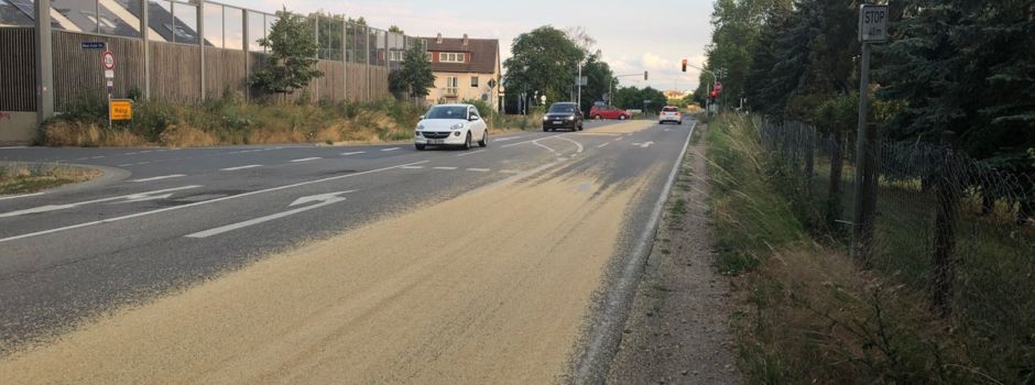 100 Meter lange Getreidespur auf Straße bei Ober-Olm