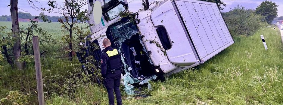 Lkw stürzt in Seitenraum