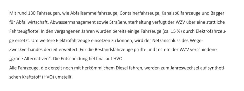 WZV Fahrzeugflotte: Synthetischer Kraftstoff (HVO) löst Diesel ab.
