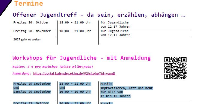 offener Jugendtreff und Workshops