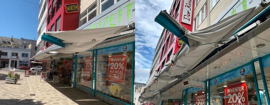 Lastwagen demoliert Markise von „Wirth – der Kinderladen“