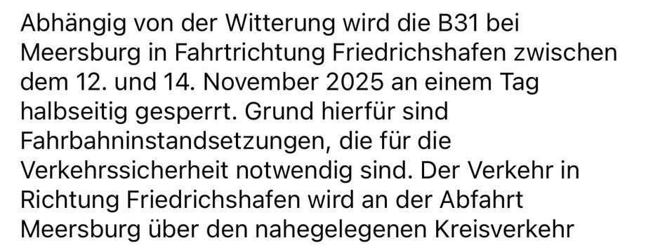 B31 halbseitig Richtung Friedrichshafen gesperrt