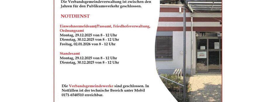 VG Verwaltung - Rathaus sowie VG Werke vom 29. Dezember 2025 bis 2. Januar 2026 geschlossen