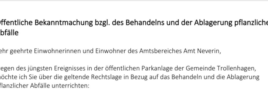 Öffentliche Bekanntmachung bzgl. des Behandelns und der Ablagerung pflanzlicher Abfälle