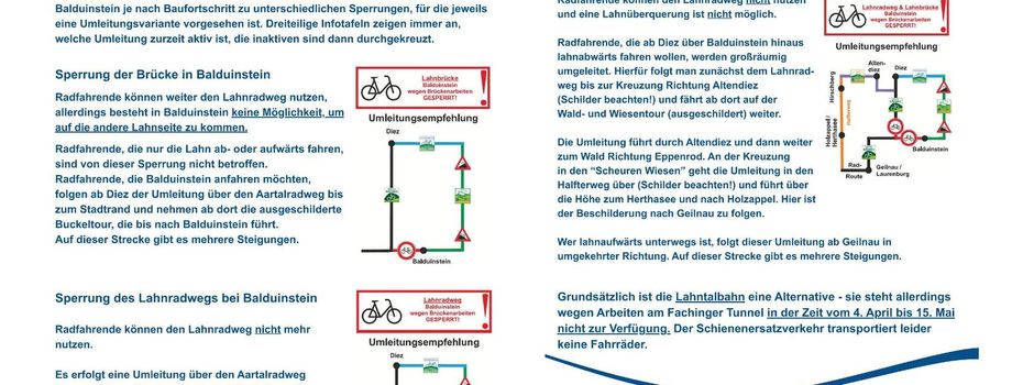 Sperrung des Lahnradwegs ab 20 April 