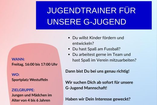 Der TVW sucht noch einen Trainer/in für die G-Jugend und unsere Turn-Minis noch einen Übungsleiter/in für die Trainingsstunde. 