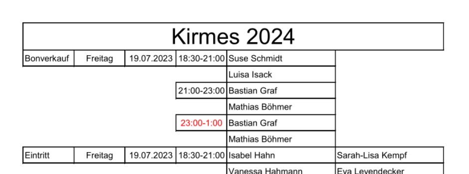 Dienstlisten für die Kirmes