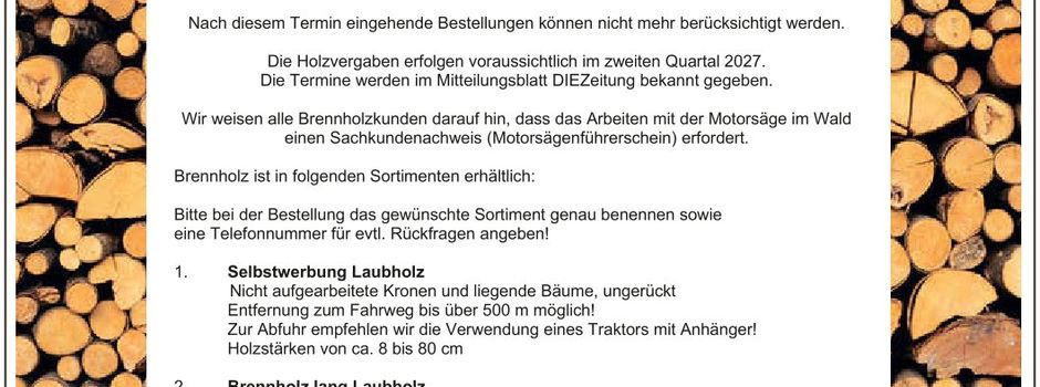 Brennholzbestellung für 2027: Frist bis zum 13. November beachten