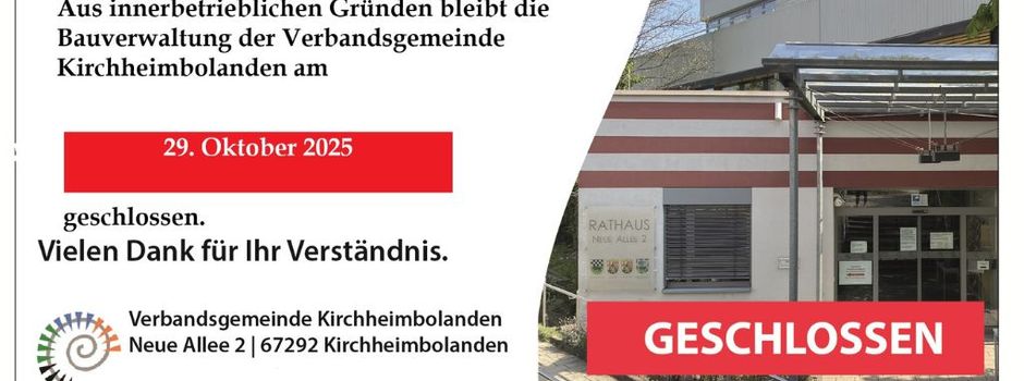 Bauverwaltung der VG Kirchheimbolanden am 29. Oktober geschlossen