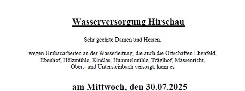 Kurzfristige Ausfälle der Trinkwasserversorgung möglich