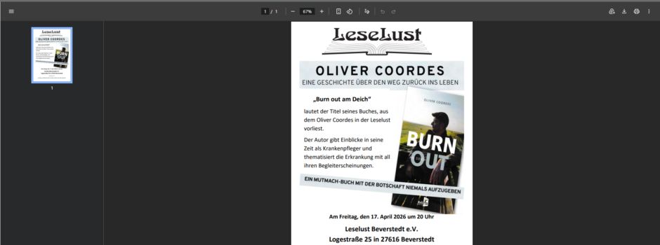 Lesung Oliver Coordes: "Burn out am Deich"