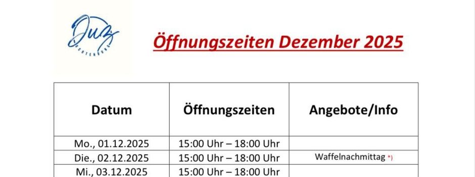 Öffnungszeiten des Jugendtreffs für Dezember