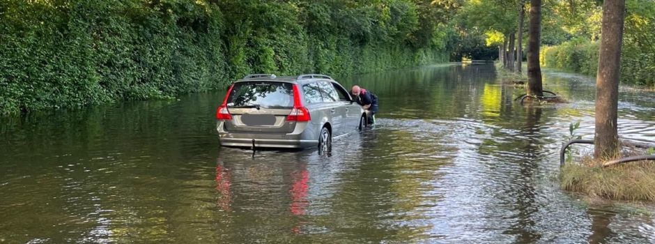 Frau und Hund in Mainz-Kostheim vom Hochwasser eingeschlossen