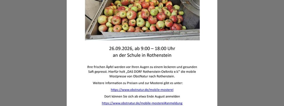 Mostpresse am 26.09.2026, ab 9:00 – 18:00 Uhr
an der Schule in Rothenstein