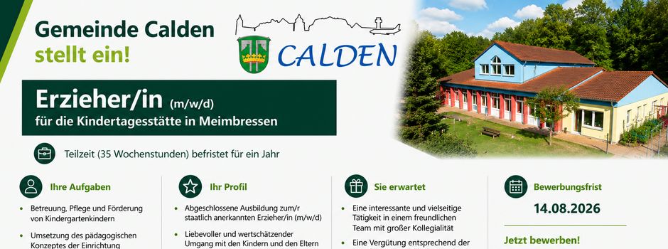 Stellenangebot: Erzieher/in (m/w/d) 
für die Kindertagesstätte in Meimbressen
