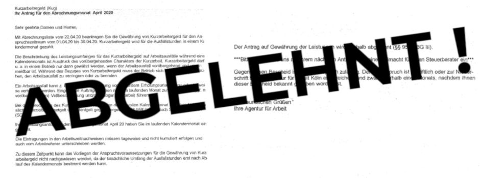 Agentur für Arbeit lehnte alle Anträge zum Kurzarbeitergeld ab