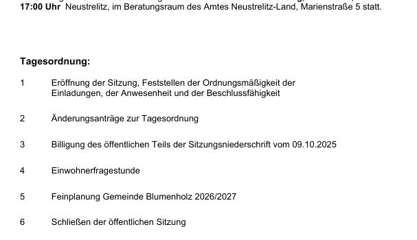Sitzung der Gemeindevertretung Blumenholz