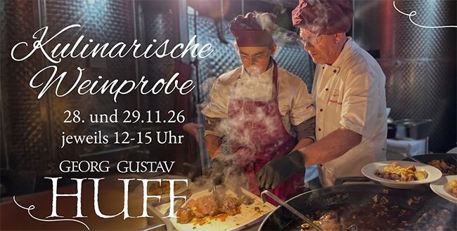 Kulinarische Weinprobe: 4-Gang-Menü im Fasskeller des Weinguts Huff