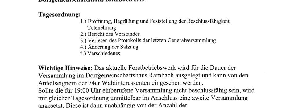 Generalversammlung der 74er Waldinteressenten Rambach