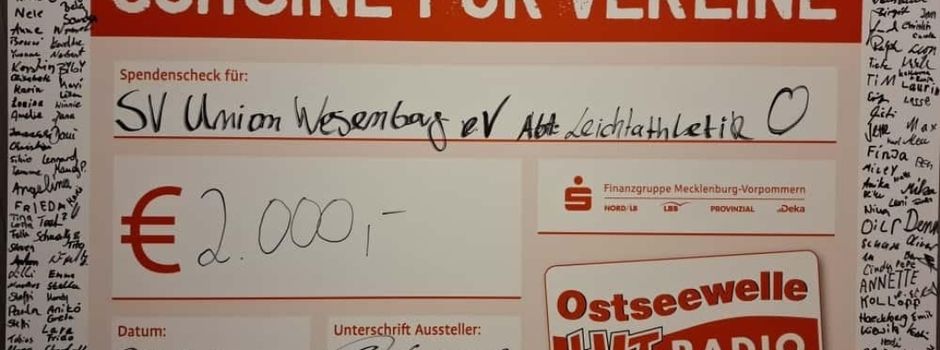 2000 € für Unions Leichtathleten von Ostseewelle HIT-RADIO MV