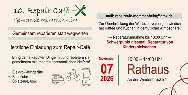 10. Repair Café in Mommenheim: Kaputtes reparieren, Kaffee und Kuchen genießen