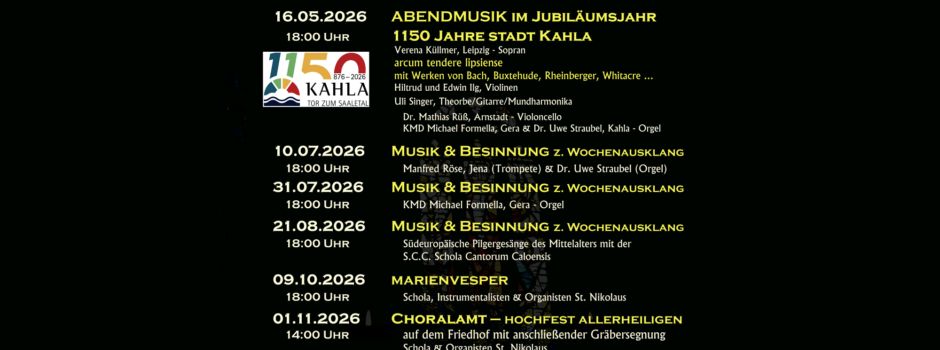 Jahresprogramm 2026 Musica Sacra in der katholischen Kirche St. Nikolaus zu Kahla