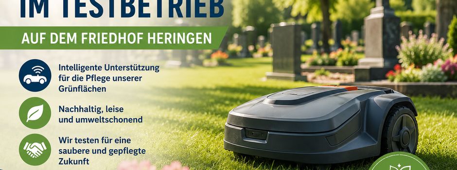 Zwei Mähroboter im Testbetrieb auf dem Friedhof Heringen