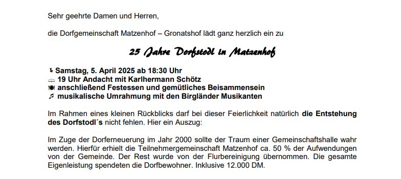 Einladung 25 Jahre Dorfstodl in Matzenhof am 05.04.2025 ab 18:30 Uhr